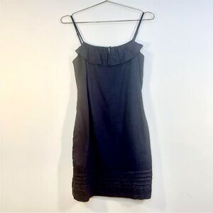 Loft Navy Blue Linen Shift Dress Sz 4 Adjustable Spaghetti Straps Front Ruffle